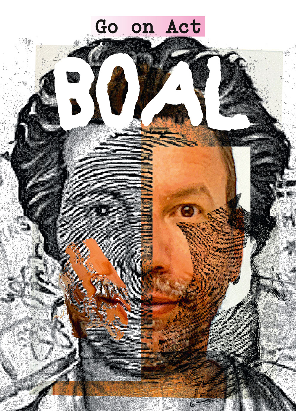 Eine Collage aus zwei Gesichtern, die ineinander übergehen. Ein gemaltes Portrait von Augusto BOAL und ein fotografisches Portrait des Schauspielers Marcelo Miguel.