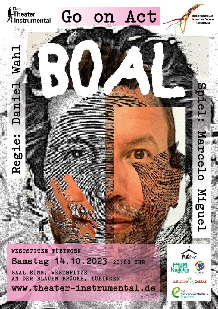 Das Veranstaltungsplakat zeigt eine Collage zweier Portraits: Der Schauspieler Marcelo Miguel und ein künstlerisches Portrait von BOAL